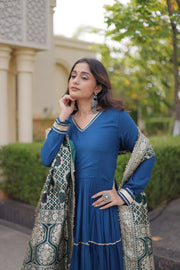 Women’s Anarkali Gown with Embroidered Dupatta Full Sleeve Flared Ethnic Long Dress