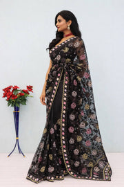 Women’s Black Floral Printed Saree with Embroidered Border