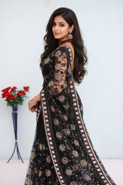 Women’s Black Floral Printed Saree with Embroidered Border