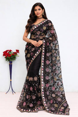 Women’s Black Floral Printed Saree with Embroidered Border
