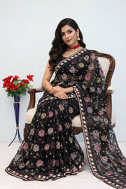 Women’s Black Floral Printed Saree with Embroidered Border
