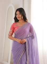 Women’s Lavender Purple Saree with Floral Embroidery and Decorative Border