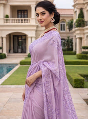 Women’s Purple Embroidered Saree with Floral Lace Border