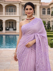 Women’s Purple Embroidered Saree with Floral Lace Border