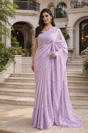 Women’s Purple Embroidered Saree with Floral Lace Border