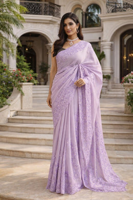 Women’s Purple Embroidered Saree with Floral Lace Border