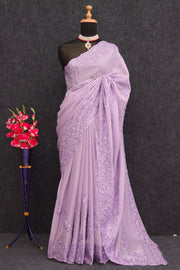 Women’s Purple Embroidered Saree with Floral Lace Border