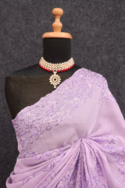 Women’s Purple Embroidered Saree with Floral Lace Border