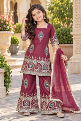Girls Embroidered Kurta Palazzo Set with Dupatta