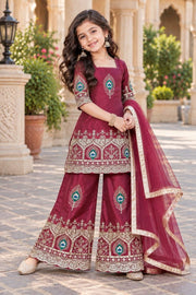 Girls Embroidered Kurta Palazzo Set with Dupatta