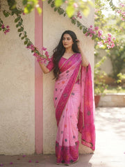 Women’s Embroidered Saree with Printed Pallu and Matching Blouse