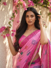 Women’s Embroidered Saree with Printed Pallu and Matching Blouse