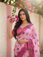 Women’s Embroidered Saree with Printed Pallu and Matching Blouse