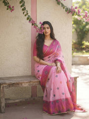 Women’s Embroidered Saree with Printed Pallu and Matching Blouse