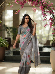 Women’s Embroidered Saree with Printed Pallu and Matching Blouse