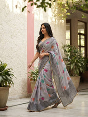 Women’s Embroidered Saree with Printed Pallu and Matching Blouse