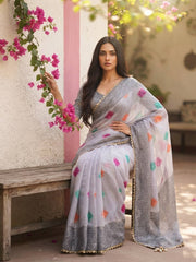 Women’s Embroidered Saree with Printed Pallu and Matching Blouse