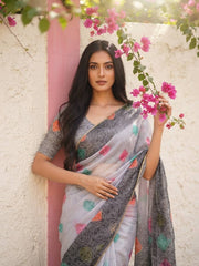 Women’s Embroidered Saree with Printed Pallu and Matching Blouse