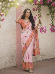 Women’s Embroidered Saree with Printed Pallu and Matching Blouse