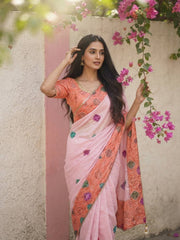 Women’s Embroidered Saree with Printed Pallu and Matching Blouse