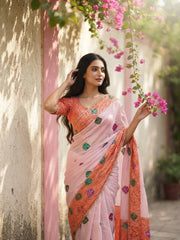 Women’s Embroidered Saree with Printed Pallu and Matching Blouse