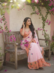 Women’s Embroidered Saree with Printed Pallu and Matching Blouse