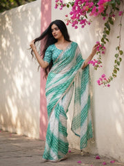 Women’s Bandhej Print Saree with Elegant Lace Border and Matching Blouse