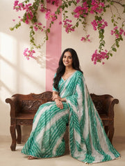 Women’s Bandhej Print Saree with Elegant Lace Border and Matching Blouse