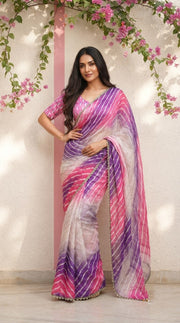 Women’s Bandhej Print Saree with Elegant Lace Border and Matching Blouse