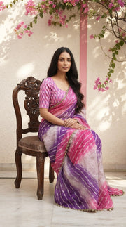 Women’s Bandhej Print Saree with Elegant Lace Border and Matching Blouse