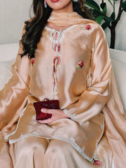 Women’s Satin Silk Embroidered Anarkali Style Salwar Suit with Palazzo & Dupatta