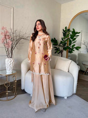 Women’s Satin Silk Embroidered Anarkali Style Salwar Suit with Palazzo & Dupatta