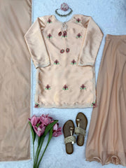 Women’s Satin Silk Embroidered Anarkali Style Salwar Suit with Palazzo & Dupatta
