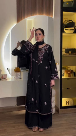 Women’s Black Embroidered Straight Salwar Suit Set with Palazzo & Dupatta