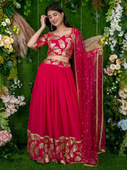 Women’s Pink Gold Leaf Embroidered Lehenga Choli with Dupatta