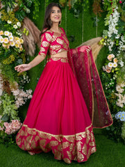 Women’s Pink Gold Leaf Embroidered Lehenga Choli with Dupatta