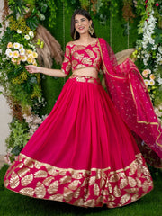 Women’s Pink Gold Leaf Embroidered Lehenga Choli with Dupatta