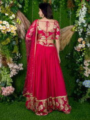 Women’s Pink Gold Leaf Embroidered Lehenga Choli with Dupatta