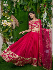 Women’s Pink Gold Leaf Embroidered Lehenga Choli with Dupatta