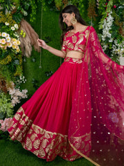 Women’s Pink Gold Leaf Embroidered Lehenga Choli with Dupatta