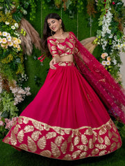 Women’s Pink Gold Leaf Embroidered Lehenga Choli with Dupatta