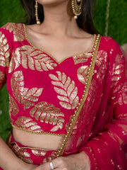 Women’s Pink Gold Leaf Embroidered Lehenga Choli with Dupatta