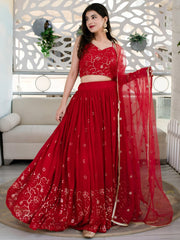 Women’s Red Embroidered Lehenga Choli with Net Dupatta