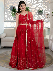 Women’s Red Embroidered Lehenga Choli with Net Dupatta