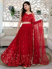 Women’s Red Embroidered Lehenga Choli with Net Dupatta