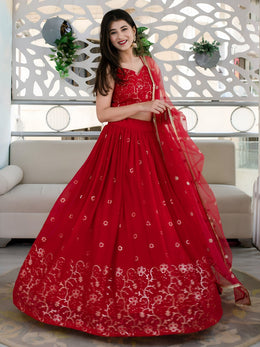 Women’s Red Embroidered Lehenga Choli with Net Dupatta
