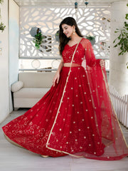 Women’s Red Embroidered Lehenga Choli with Net Dupatta