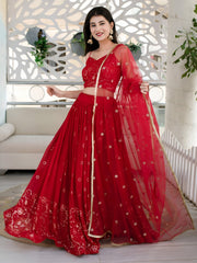 Women’s Red Embroidered Lehenga Choli with Net Dupatta