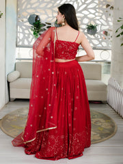 Women’s Red Embroidered Lehenga Choli with Net Dupatta