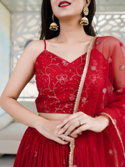 Women’s Red Embroidered Lehenga Choli with Net Dupatta